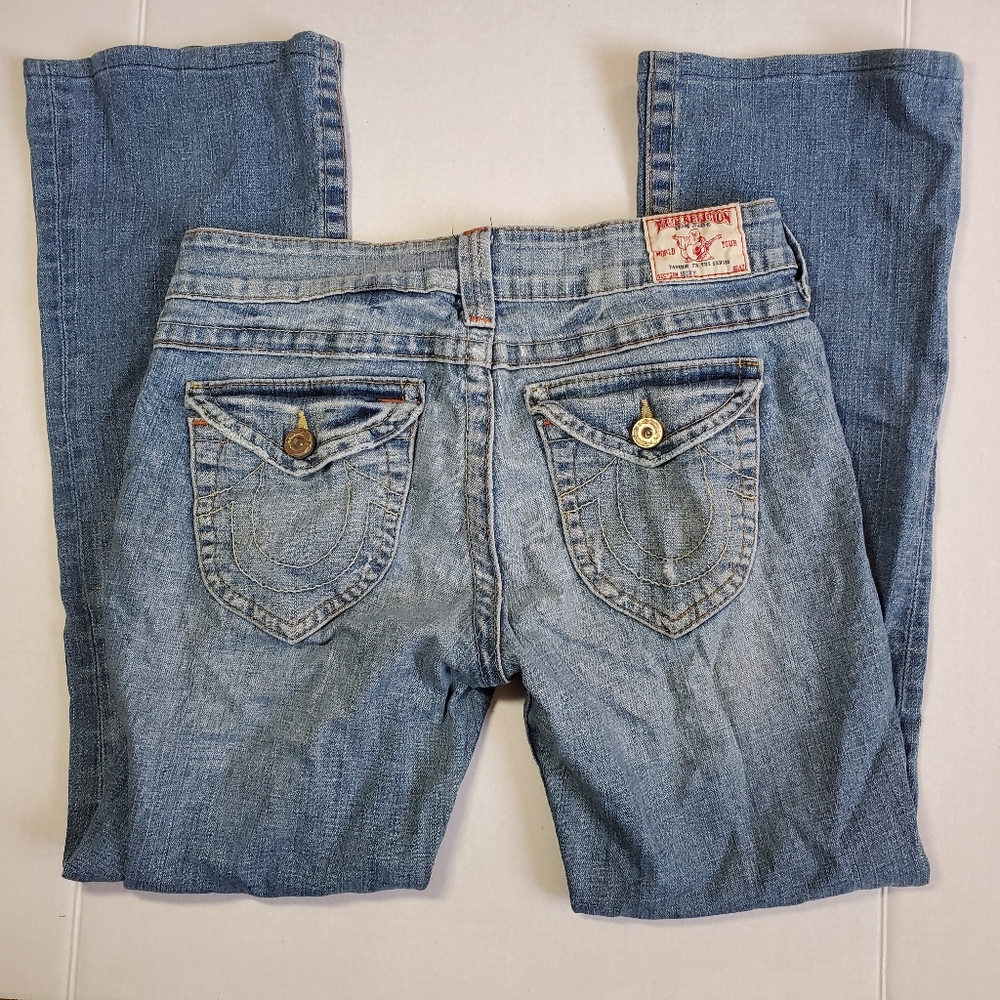 True Religion Brand Jeans Becky Whiskers Light Wash Ombre Blue Denim Size 30 USA